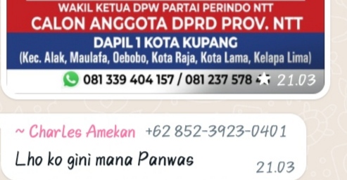 Ket foto. pamflet yang dikirim oleh Yeskial Natonis, caleg DPRD Provinsi NTT dapil 1 Kota Kupang
