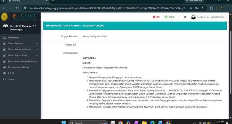 PTUN Kupang Kabulkan Gugatan, SK Bupati Kupang yang Copot Camat Takari Dinyatakan Batal