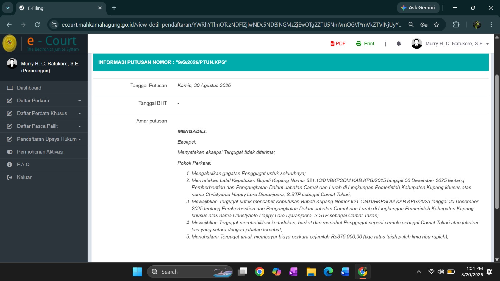 PTUN Kupang Kabulkan Gugatan, SK Bupati Kupang yang Copot Camat Takari Dinyatakan Batal